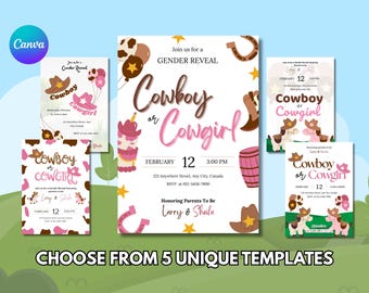 Cowboy or Cowgirl Gender Reveal Invitation Card – Editable Printable Baby Shower Invite (Instant Download)