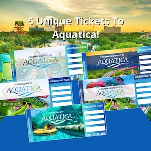 以下が含まれることがあります： ウォーターパークの背景に、5つのユニークなAquaticaチケットが表示されています。各チケットには「You're Going To Aquatica」という文字と搭乗券セクションがあります。チケットには、さまざまなウォーターパークのアトラクションが描かれています。