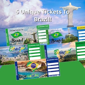 May include: Five unique tickets to Brazil are shown, set against a blue sky and the Christ the Redeemer statue. Each ticket displays a Brazilian flag and the words "You're Going to Brazil!" in different fonts.