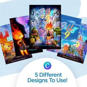May include: Five colorful invitation designs featuring characters from the animated movie "Billy". Each design showcases different characters and scenes, with the text "Billy 9" and event details. The designs are set against a light blue background.