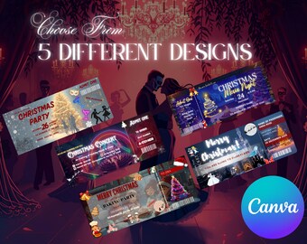 Christmas Ticket Bundle – 5 Editable Holiday Party Invitations | Printable Festive Event Pass Set (Instant Download)