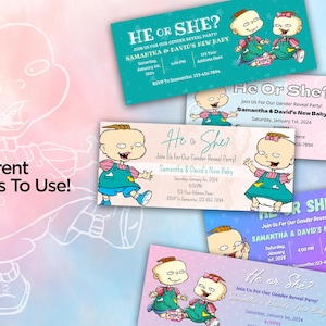 May include: Gender reveal party invitations with cartoon baby illustrations. The invitations feature the text "He or She?" and event details. The image also includes the Canva logo and text "5 Different Designs To Use!"