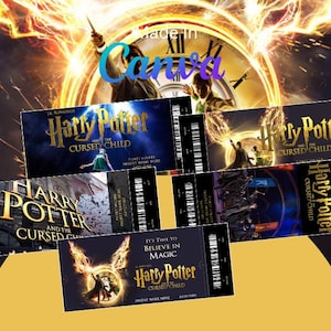 May include: A collection of Harry Potter and the Cursed Child tickets with a dark blue and gold color scheme. The tickets feature the title text and imagery from the play, with a background of a clock and lightning.