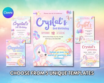 Unicorn & Rainbow Birthday Ticket Invitation – Editable Printable Party Pass (Instant Download)