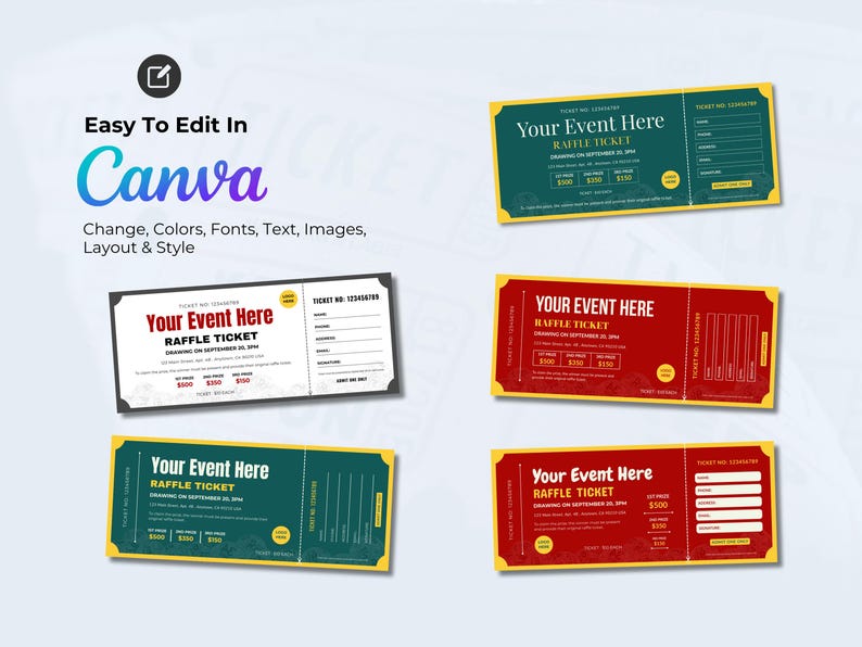 Full Color Raffle Tickets Printable Raffle Ticket Template: DIY Fundraiser Event Ticket (canva ...