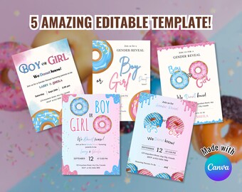 Donut Gender Reveal Invitation Card – Editable Printable Baby Shower Invite (Instant Download)