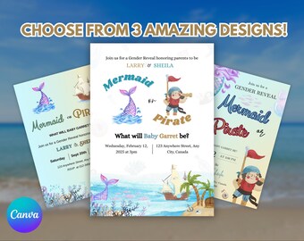 Mermaids or Pirates Gender Reveal Invitation – Editable Printable Baby Shower Card (Instant Download)