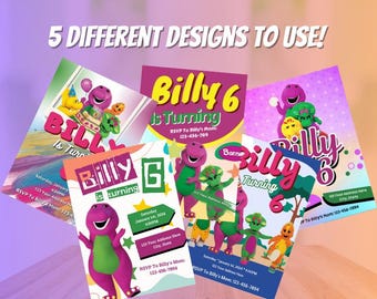 5 Barney Themed Birthday Invitations | Canva Editable | Children's Birthday Party Invites | Personalize Yourself | DIY