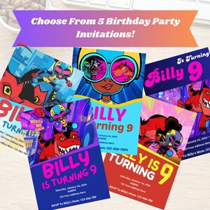 May include: A collection of five colorful birthday party invitations. Each invitation features a unique cartoon design with the text "Billy is Turning 9". The invitations are in shades of blue, red, and purple, with the text "Choose From 5 Birthday Party Invitations!"