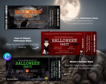 Inbjudan till läskig Halloween-biljett: Anpassningsbart festpass (digital nedladdning Canva-mall)