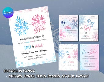 Snowflake Gender Reveal Invitation: Winter Baby Shower, Editable Card (Instant Download)