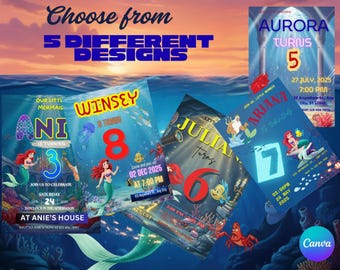 Little Mermaid Birthday Invitation Card – Editable Under-the-Sea Party Template | Printable Kids Invite (Instant Download)