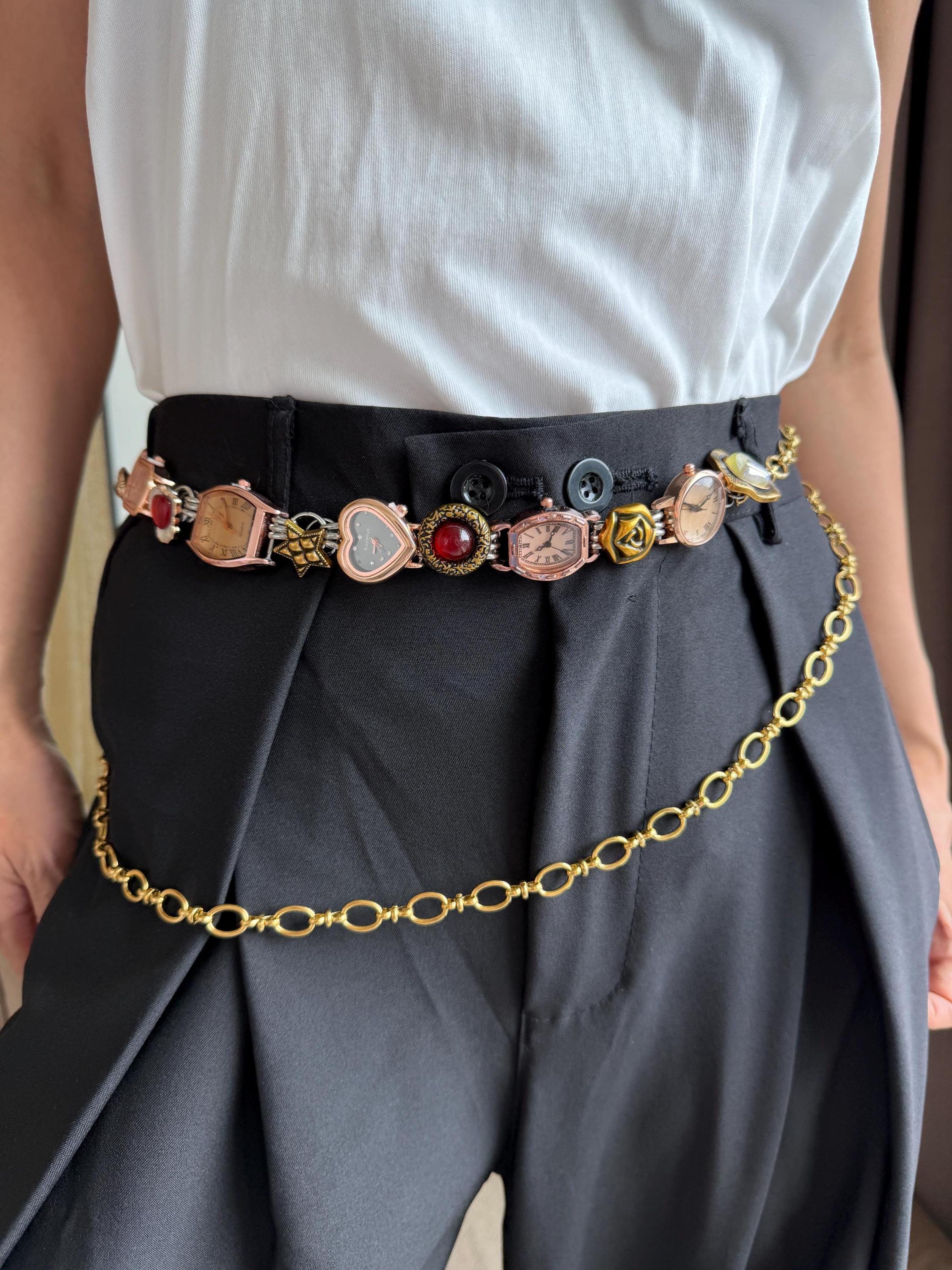 Vintage Green Stone Belt with Gold-Tone Bezels Army Green Vintage Elastic Belt With Gold and Vinyl Buckle  main image 4