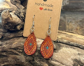 Leather earrings with Aztec stamp