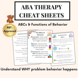 Puede incluir: Hojas de trucos de terapia ABA con el título "ABA THERAPY CHEAT SHEETS" en un rectángulo negro. Las hojas cubren ABC y Funciones del Comportamiento, con el sello RBT-Approved y un gráfico de oso de peluche.