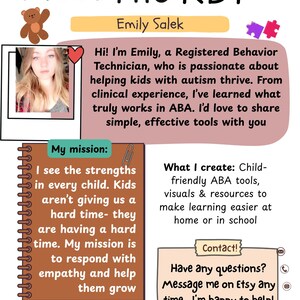 May include: An informational graphic with the text "Meet The RBT" and "Emily Salek." It includes a photo of a woman, a teddy bear illustration, and text about ABA tools and resources for children with autism.