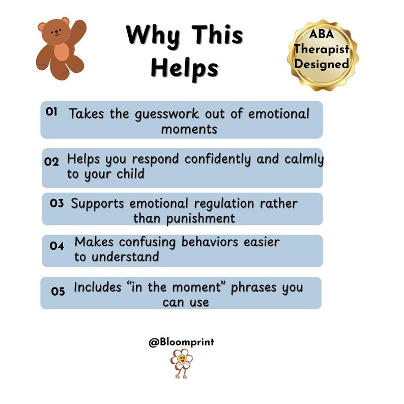 May include: A graphic with the title "Why This Helps" and bullet points explaining the benefits of a product or service. Includes a teddy bear illustration, a gold seal that says "ABA Therapist Designed", and the @Bloomprint logo.