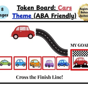 Può includere: Una scheda a gettoni a tema auto. La scheda presenta un'auto rossa, una strada tortuosa e diverse illustrazioni di auto colorate. Il testo include "Token Board: Cars", "Theme (ABA Friendly)" e "Cross the Finish Line!"