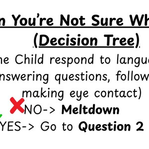 May include: A white graphic with black text that reads "When You're Not Sure Which it Is (Decision Tree)". It includes a decision tree question about a child's language response, with "NO" leading to "Meltdown" and "YES" to "Go to Question 2".