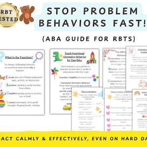 May include: A colorful educational guide with the text "STOP PROBLEM BEHAVIORS FAST!" and "(ABA GUIDE FOR RBTS)". The guide includes sections on behavior functions, alternative behaviors, and positive reinforcement strategies. A teddy bear graphic is also present.