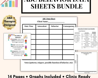 Pakiet arkuszy danych behawioralnych ABC i wykresów/Zasoby terapii ABA: edytowalny i drukowany plik PDF