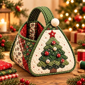 May include: A quilted fabric basket featuring a triangular shape with a green handle and a white pom-pom. The side panel displays a green fabric Christmas tree with red and white ornaments and a red star on a cream-colored quilted background.