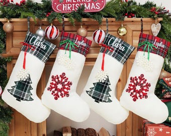 Custom Plaid Christmas Stocking with Personalized Name – Heat Transfer Printed Holiday Fireplace Decor Gift for Family and Friends