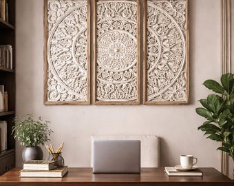 Painéis de parede de madeira entalhada com motivos florais - Branco antigo, conjunto de 3