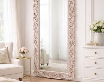 Hand-Carved Mango Wood Floral Mirror Frame | Antique White| Large Mirror(only frame)