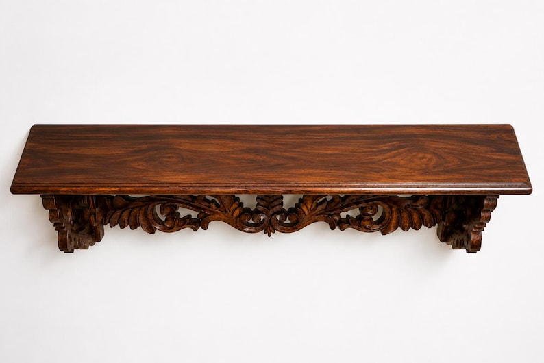 Antique Hand-Carved Wooden Wall Shelf for Living Room, Bedroom & Office image 2