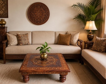 Mesa de centro vintage em jacarandá entalhado à mão | Mesa baixa de madeira | Decoração boho para sala de estar | Móveis artesanais