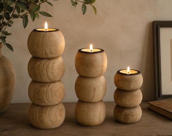 Conjunto de Castiçais Esféricos de Madeira Artesanais | Castiçais Geométricos Modernos para Velas Tealight | Decoração Minimalista de Centro de Mesa em Madeira