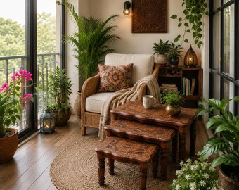 Conjunto de Mesas de Encaixe de Madeira com Incrustações de Latão de Luxo | Mesas Laterais Entalhadas Artesanais | Conjunto de Mesas de Apoio em Estilo Antigo para Decoração de Casa