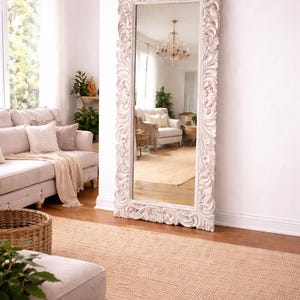 Hand-Carved Rectangular Mango Wood  Floor Standing Mirror Frame – White Distressed