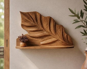 Prateleira de parede com folhas esculpidas à mão | Prateleira flutuante de madeira maciça | Decoração rústica inspirada na natureza | Prateleira de madeira estilo boho | Decoração artesanal para casa
