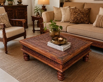 Hand Carved Rosewood Coffee Table | Floral Carved Wooden Floor Table |Living Room Center Table |  Meditation & Tea Table