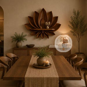 May include: A large, dark wood wall shelf shaped like a lotus flower with multiple pointed petals. The shelf features a central horizontal surface holding a small vase. A circular logo with the text Timberly Woodora is visible on the right.