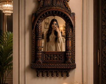 Jharokha de madeira esculpida à mão para decoração de parede | Nicho de parede rústico | Detalhe decorativo de estilo indiano | Ideal para hall de entrada e sala de estar