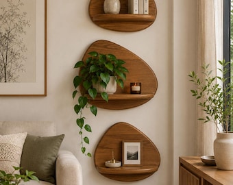 Organic Teak Wood Floating Shelves Set, Handcrafted Modern Wall Decor