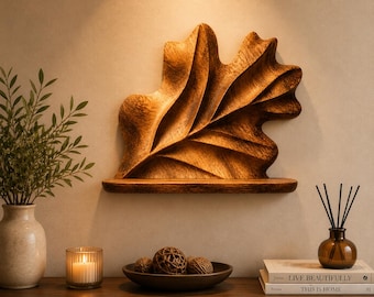 Prateleira abstrata em madeira de teca esculpida à mão com formato de folha | Decoração de parede boho orgânica