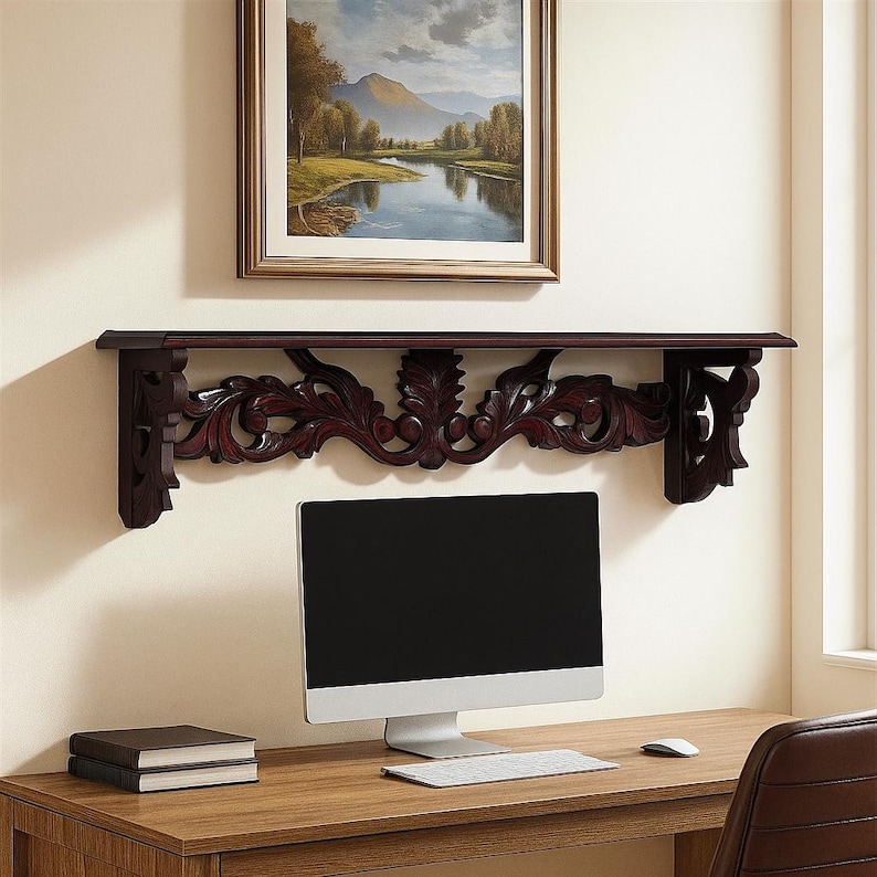 Antique Hand-Carved Wooden Wall Shelf for Living Room, Bedroom & Office image 5