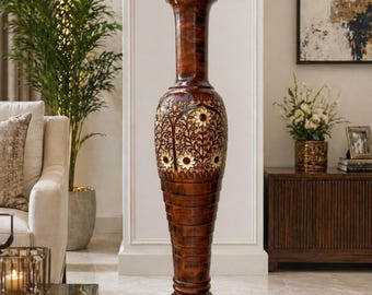 Vaso de chão em madeira de sheesham esculpida à mão – Detalhes florais vintage, decoração rústica de fazenda.