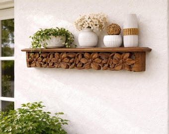 Hand Carved Wooden Wall Shelf | Floral Floating Shelf | Rustic Boho Home Decor