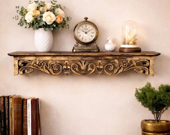 Prateleira de parede vintage em madeira entalhada à mão para decoração de sala de estar