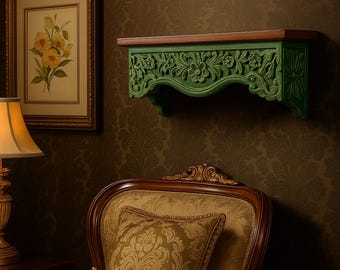 Artisan Wooden Wall Shelf with Green Floral Carvings