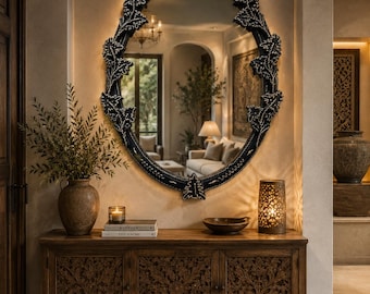 Moldura de espelho oval de luxo esculpida à mão, espelho de parede vintage em madeira com padrão de videira, decoração em estilo antigo para banheiro, hall de entrada e quarto (somente a moldura).