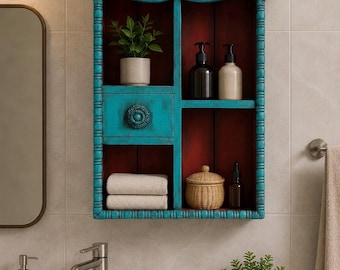 Hand-Carved Vintage Blue Wooden Wall Shelf & Display Cabinet