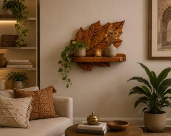 Prateleira de parede artesanal em madeira com formato de folha, prateleira flutuante rústica boho, decoração em madeira inspirada na natureza, armazenamento de parede estilo fazenda, decoração artesanal para casa.