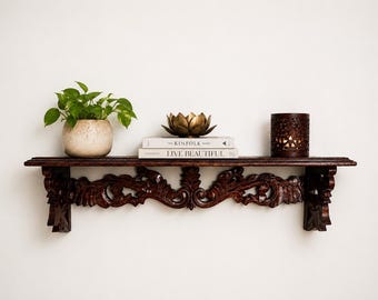 Antique Hand-Carved Wooden Wall Shelf for Living Room, Bedroom & Office