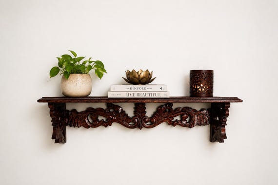 Antique Hand-Carved Wooden Wall Shelf for Living Room, Bedroom & Office